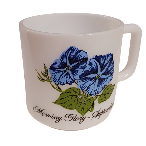Vintage September Mug Morning Glory Flower of the Month Milk Glass Cup | 1970s - Picture 7 of 12